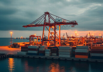 Obraz premium A large, industrial port at dusk. A massive red-orange gantry crane, with its intricate network of metal beams and cables