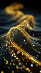 Abstract, flowing, golden particles on a dark, textured surface.  Close-up view, highlighting the intricate details of the undulating, shimmering patterns