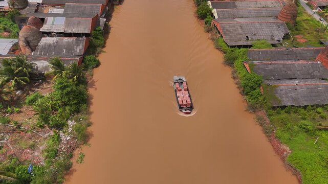 Aerial view of Mang Thit brick kiln in Vinh Long. Burnt clay bricks used in traditional construction of Vietnamese, Mekong Delta, Vinh Long province, Vietnam