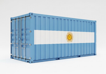 A light-blue shipping container, positioned in the center of the image, displays the flag of Argentina