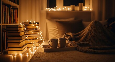 Cozy Reading Nook: Books, Lights, and Warm Drinks in Bed, Relaxing Scene.