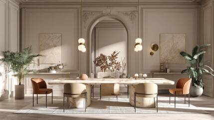 Elegant Modern Dining Room Interior with Marble Table, Stylish Chairs, Decorative Plants, and Warm Natural Lighting in Luxurious Design