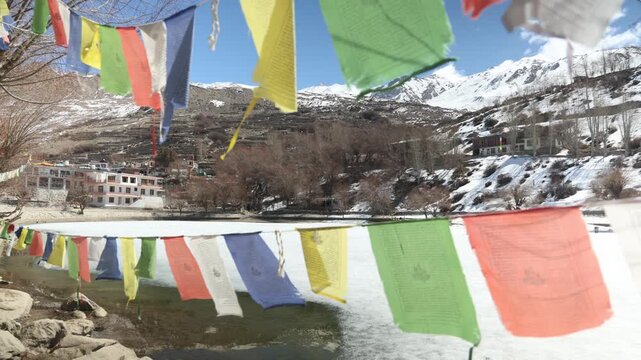 Aerial view of the Chicham Bridge, the Key Monastery, Himachal Pradesh, India.