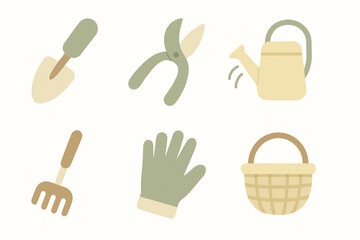 Minimalist Gardening Icon Set with Soft Curves and Pastel Colors
