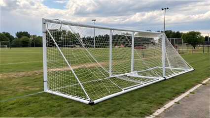 Fototapeta premium The soccer field, with its green grass and empty goal net, is ready for a spirited game of football under a clear sky