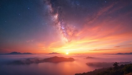 Obraz premium Vibrant sunrise paints misty mountains and water with golden hues. Milky Way galaxy graces pre-dawn sky. Breathtaking panoramic landscape inspires wonder, peace, and adventure.