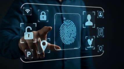 Fingerprint scan security interface technology access and data protection on transparent digital screen - Powered by Adobe