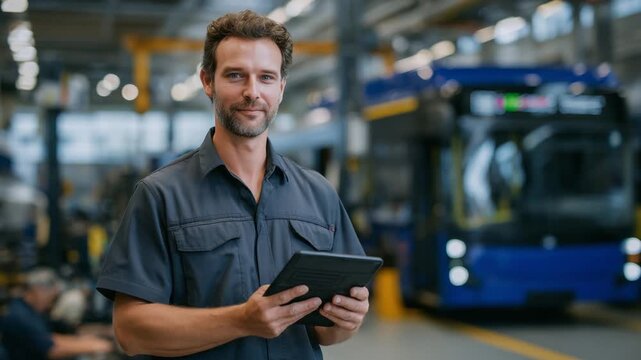 A skilled auto technician uses a tablet for diagnostics on a hybrid bus in a modern, tech-equipped workshop.