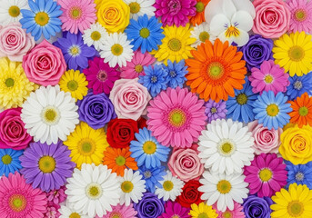 A vibrant and colorful arrangement of various flowers.  Many different types of flowers, including daisies, gerberas