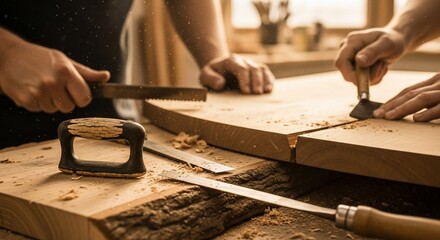 Crafting Wood: Carpenter's Hands Shaping Timber with Saw and Chisel.