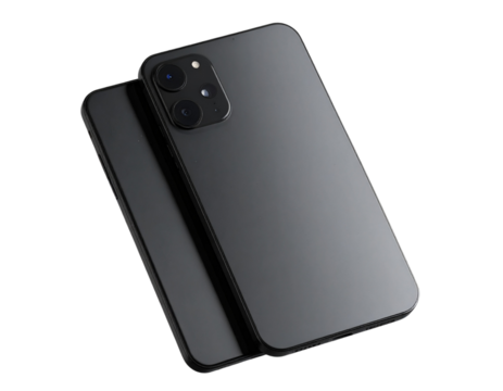  Close-Up of Two Black Smartphones Stacked Slightly Overlapping Emphasizing Camera Details and Slim Profile, Isolated on Transparent Background PNG
