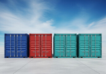 Fototapeta premium Four shipping containers of various colors (blue, red, and teal) are lined up against a light gray concrete surface