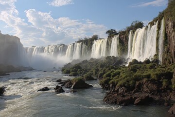 Fototapeta premium Majestic Iguazu Falls: Cascading Water, Lush Vegetation, and Rocky River