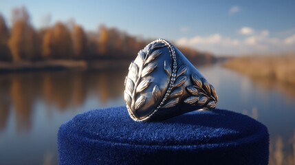 Naklejka premium Elegant Silver Ring with Leaf Design Near Serene Water Landscape