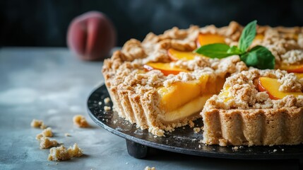 Fresh Peach Tart with Crumble Topping and Mint Garnish