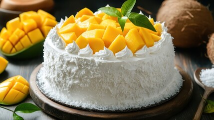 Delicious Mango Coconut Cake with Fresh Fruit Garnish