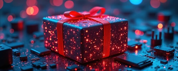 Cyberpunk gift box with glowing circuit pattern. Futuristic digital present wrapped with red ribbon on circuit board. Sci-fi tech gift idea, innovation, future technology surprise.