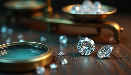 Sparkling diamonds precisely measured on antique scales, with magnifying glass nearby. Precious gemstones represent luxury, value, investment. Shiny, clear, faceted stones highlight quality, rarity