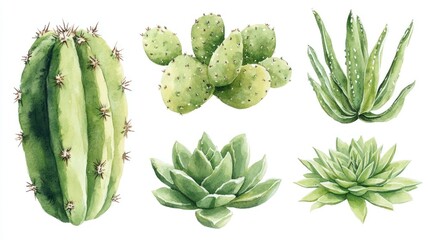 Fototapeta premium A collection of watercolor illustrations of various cacti and succulents.