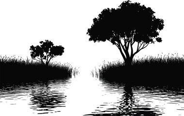 Monochrome Landscape with Trees and Water Reflection