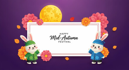 Fototapeta premium Two cute cartoon rabbits celebrate Mid Autumn Festival with moon and flowers