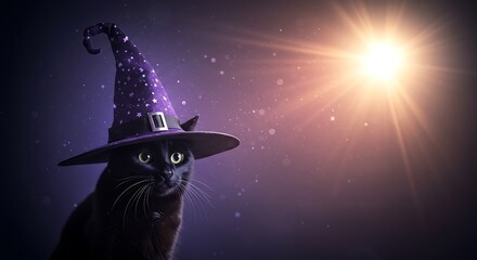 magical black cat with witch hat perched at the top against a background of pure brightness, ample copy space below for photo use. ,hyper realistic digital art ,isolated on bright background