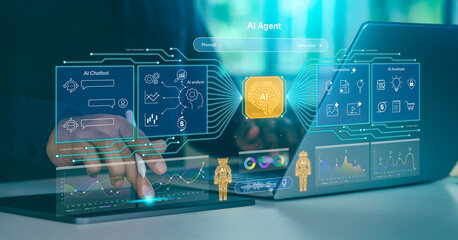 Futuristic AI agent work interface showing AI chatbot, AI assistant, and generative AI functions on digital overlay for business productivity, AI agent, chatbot, assistant generative, digital business