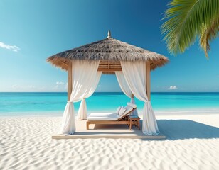 Obraz premium Beach gazebo with flowing white curtains offers a serene escape. White sand surrounds turquoise waters under a clear blue sky. Cushioned lounge chairs invite relaxation and tropical getaway enjoyment.