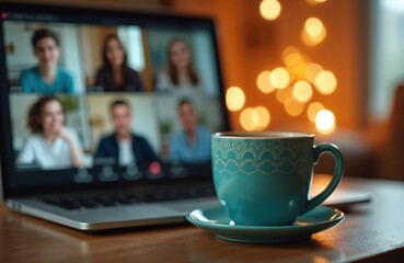 Friends connect on video call, enjoying virtual coffee break. Multiple people interact onscreen, smiling, talking. Modern tech enables remote communication, team bonding. Laptop screen shows happy
