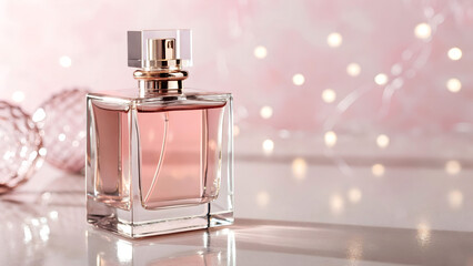 Elegant perfume bottle with rose gold accents and soft bokeh lights, evoking luxury and romance