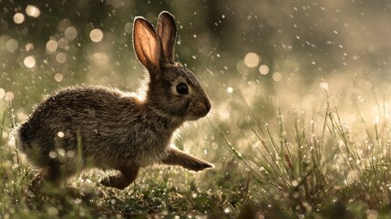 Fototapeta premium Rabbit in dewy grass field