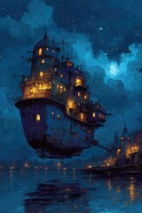 Floating city ship at night.  Dark blue waters, starry night, lit city, steampunk