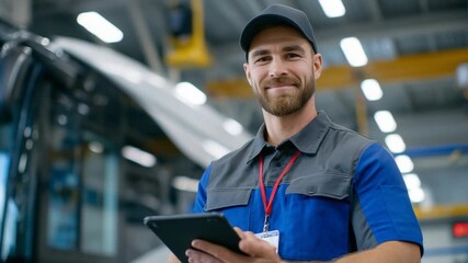 A skilled mechanic reviews bus systems on a tablet in a well-organized, high-ceiling garage.
