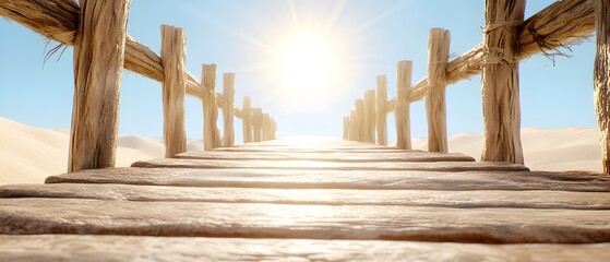 Fototapeta premium A wooden bridge with a sun shining on it