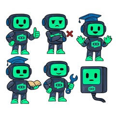 Robot character construction set. Mascot robot set with face and body parts for different poses, funny gestures and mascot facial expressions. Isolated set.