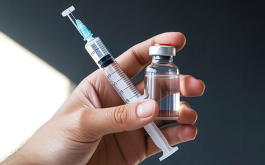 A close-up photograph of a hand holding a medical syringe and vial against a dark background.