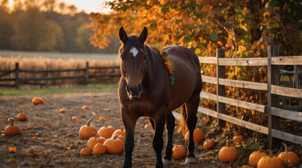 Brown horse wearing a garland of small pumpkins and autumn leaves, standing near a wooden fence, DSLR 50mm, golden hour light