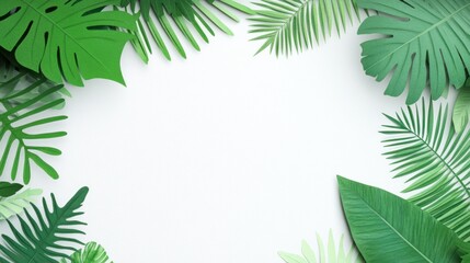 Tropical Leaf Border Frame, Papercut Style Green Foliage Background