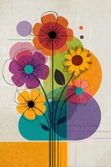 Colorful floral illustration featuring vibrant flowers with abstract shapes and textures, showcasing autumn hues and artistic design elements for seasonal decor and inspiration