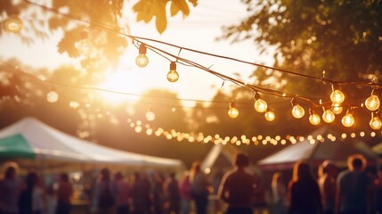 A vibrant outdoor festival scene with string lights, tents, and a crowd of people.