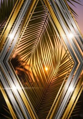 Glimmering tropical escape framed by radiant metallic geometry and sunset brilliance