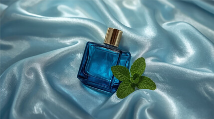 High-quality close-up photograph of an elegant blue glass perfume bottle with a gold cap, placed on smooth light blue satin fabric, accented with fresh mint leaves. 