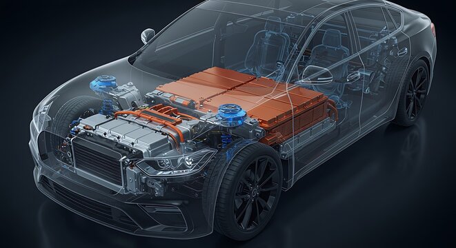 Transparent Electric Car Model with Visible Battery and Engine - Powered by Adobe