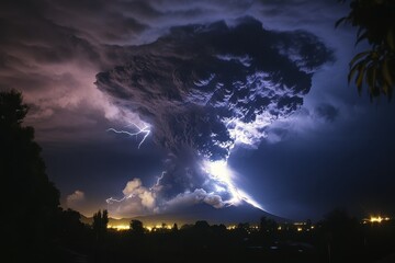 Majestic Volcano Eruption Illuminated by Lightning in Night Sky