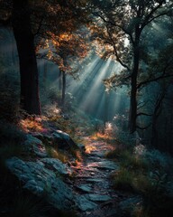 Fototapeta premium Sunbeams piercing a misty forest path