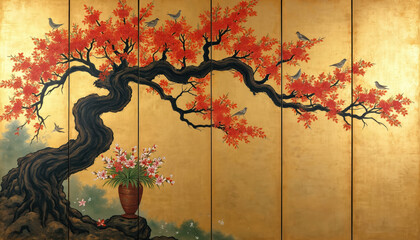 Japanese screen painting features blossoming tree with red leaves, birds, set against gold background. Vase with flowers, subtle wabi-sabi elements add classic artistry to this vintage nature scene.