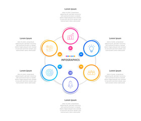 Business Colorful Infographics template. 6 steps rounded timeline with options and marketing icons .Vector rounded infographic with six Hexagon connected elements. Design can be use for presentation.