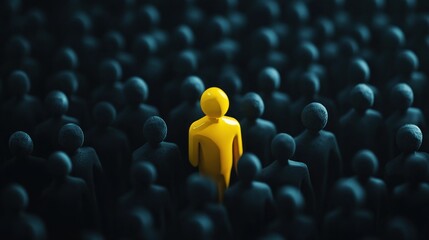 Fototapeta premium A single yellow figure stands out among a crowd of dark figures, symbolizing individuality.