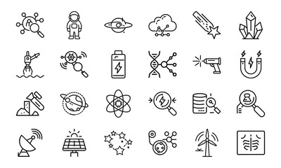 Obraz premium 24 Science and Technology Line Icons Artificial Intelligence, Space, Astronomy, Renewable Energy, Laboratory, Drone, Solar, Magnet, Research, and Innovation Vector Icon Set