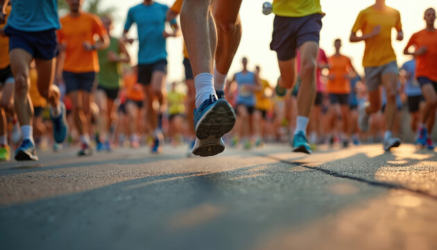 Diverse group of runners, walkers participate in charity event. Athletes in colorful sportswear display teamwork, shared purpose. Participants focus on fitness, community, achieving goals in outdoor